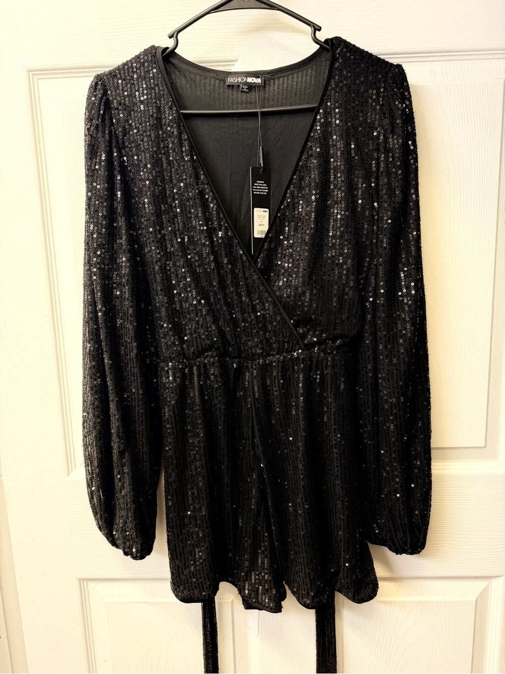 Fashion Nova Black Sequin Wrap Romper with Long Sleeves